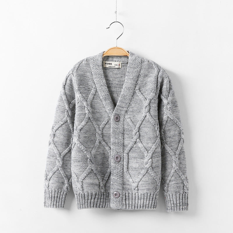 Kids’ V-Neck Plus Velvet Thickened Knitted Cardigan