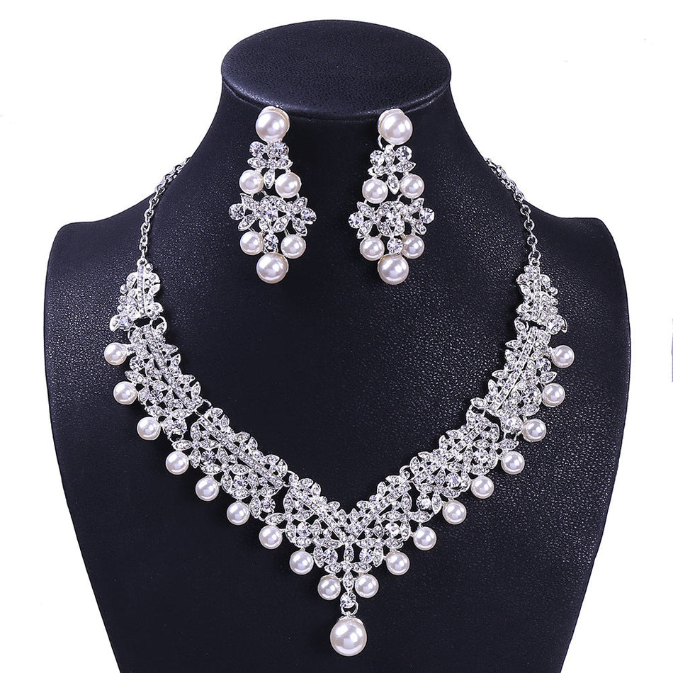 Bridal Pearl Necklace, Earrings & Headdress Set