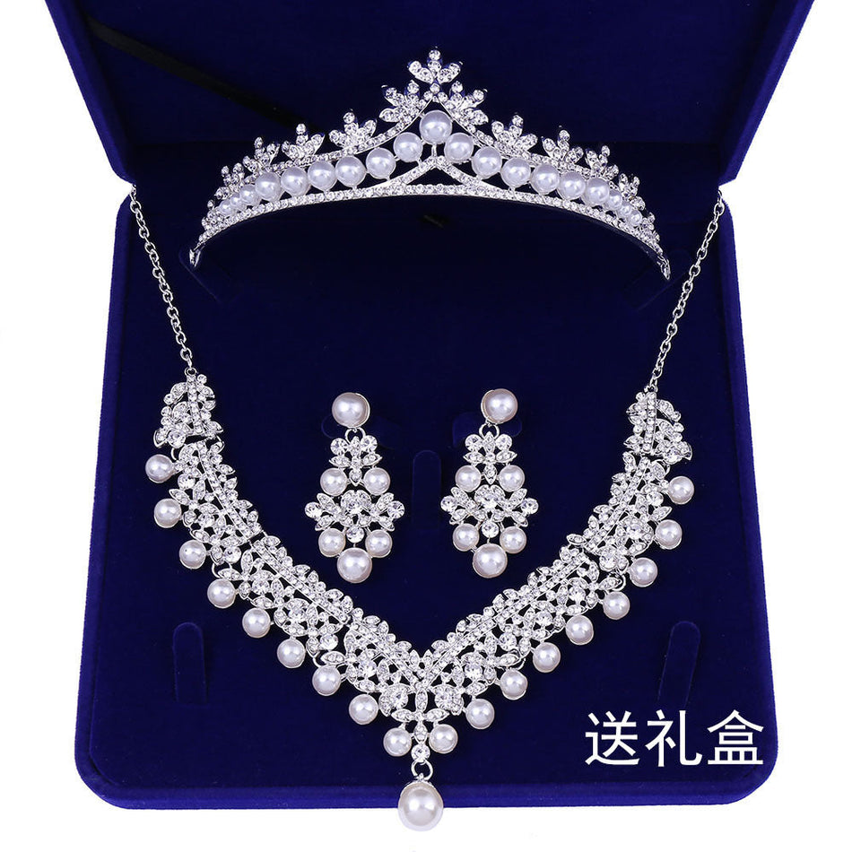 Bridal Pearl Necklace, Earrings & Headdress Set