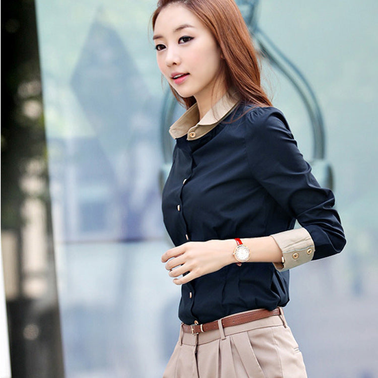 Blue Long Sleeve Korean Style Slim Fit Women's Shirt Pro Top