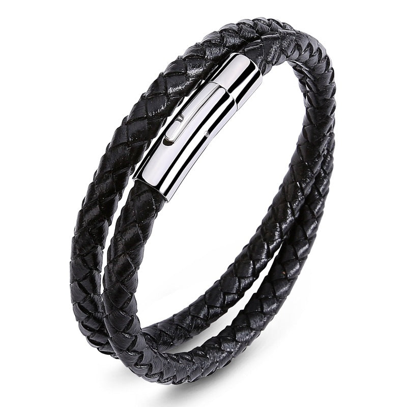 Unisex Double Ring Titanium Steel Leather Bracelet Jewelry