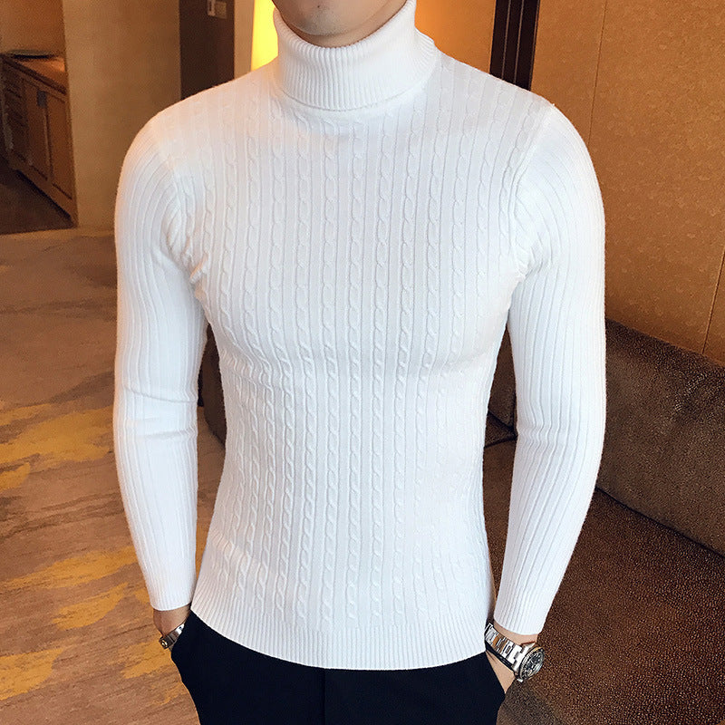 Men’s High Collar Twisted Knit Sweater – Long Sleeve Solid Color