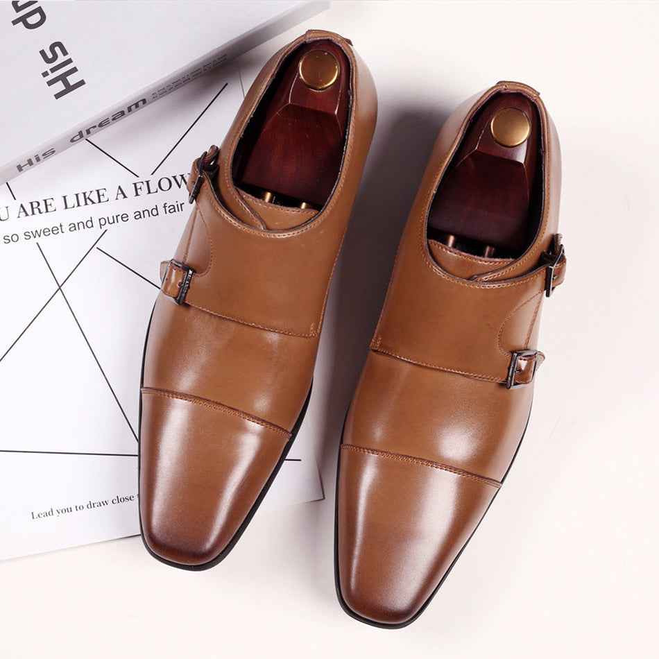Men’s Leather Business Shoes – Square Toe with Buckle Detail
