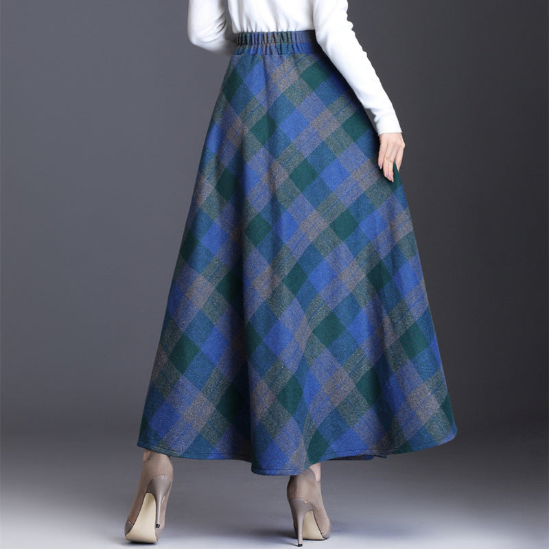 Retro Woolen Plaid Midi Skirt High Waist A-Line