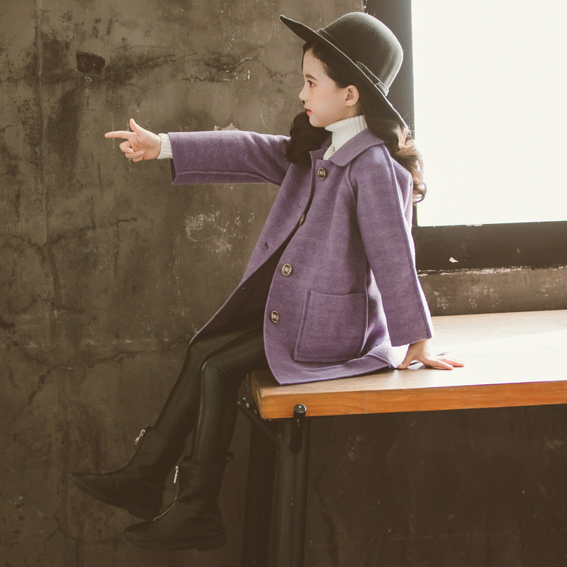Girls Woolen Coats Thickened Double Sided Korean Mid Length-