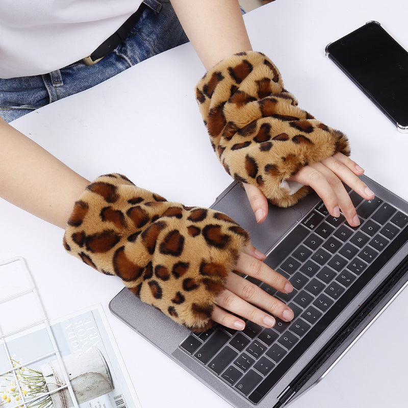 Women’s Plush Leopard Print Half Finger Fur Gloves
