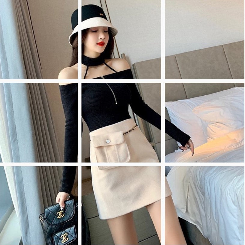 Off Shoulder Zipper Slim Fit Long Sleeve Neck Top Women Tee!