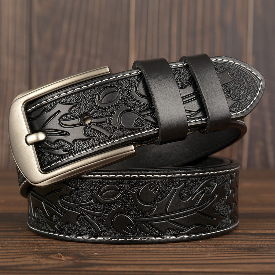 Embossed Leather Jeans Belt – Carved Cowhide for Men