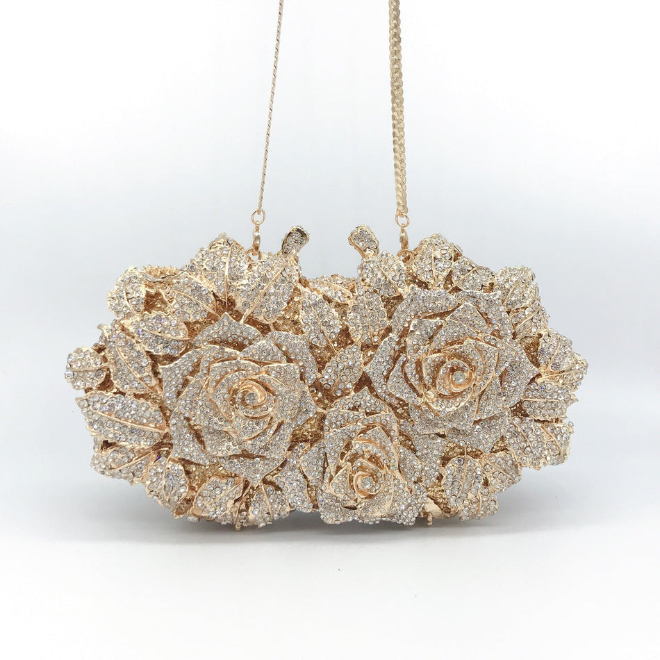 Hollow Rose Diamond Clutch – Metal Hard Box Purse