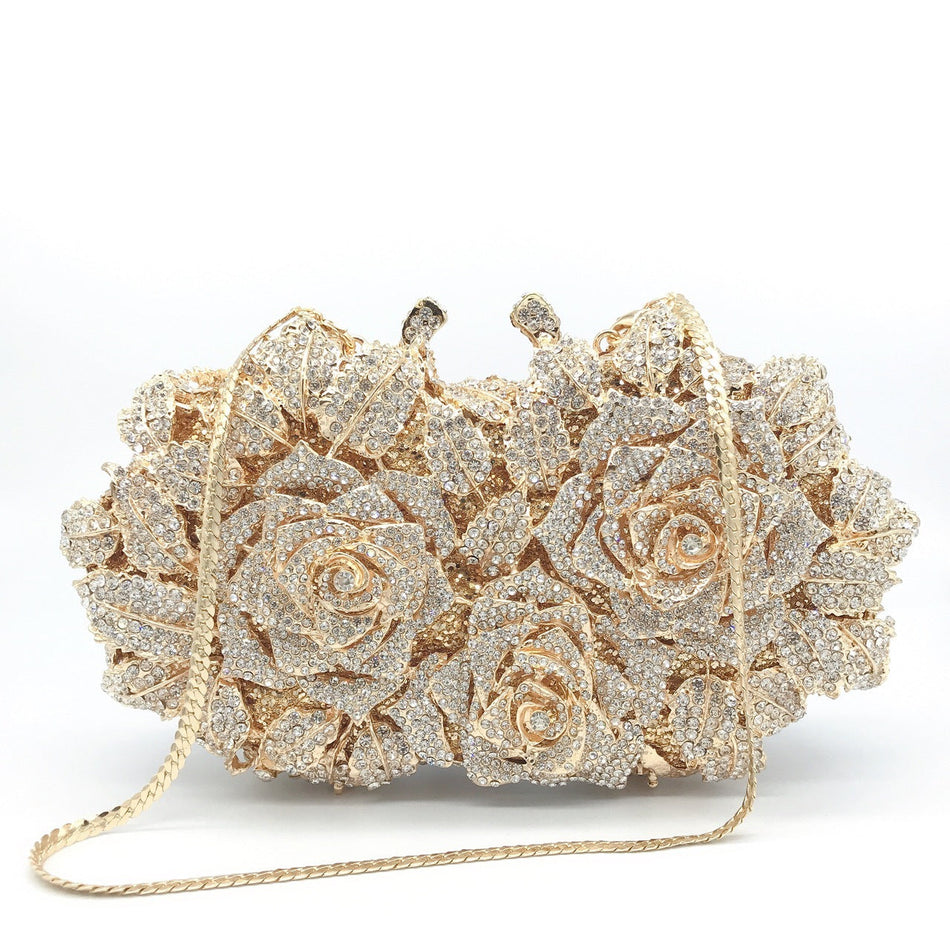 Hollow Rose Diamond Clutch – Metal Hard Box Purse