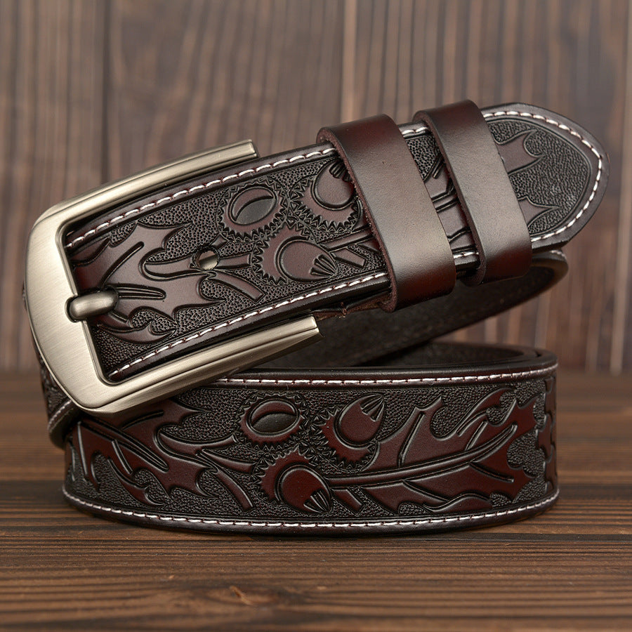 Embossed Leather Jeans Belt – Carved Cowhide for Men