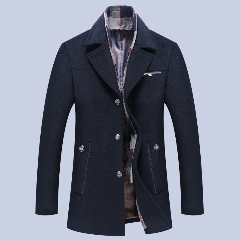 STOCK-Men’s Mid-Length Wool Coat – Lapel Scarf Collar