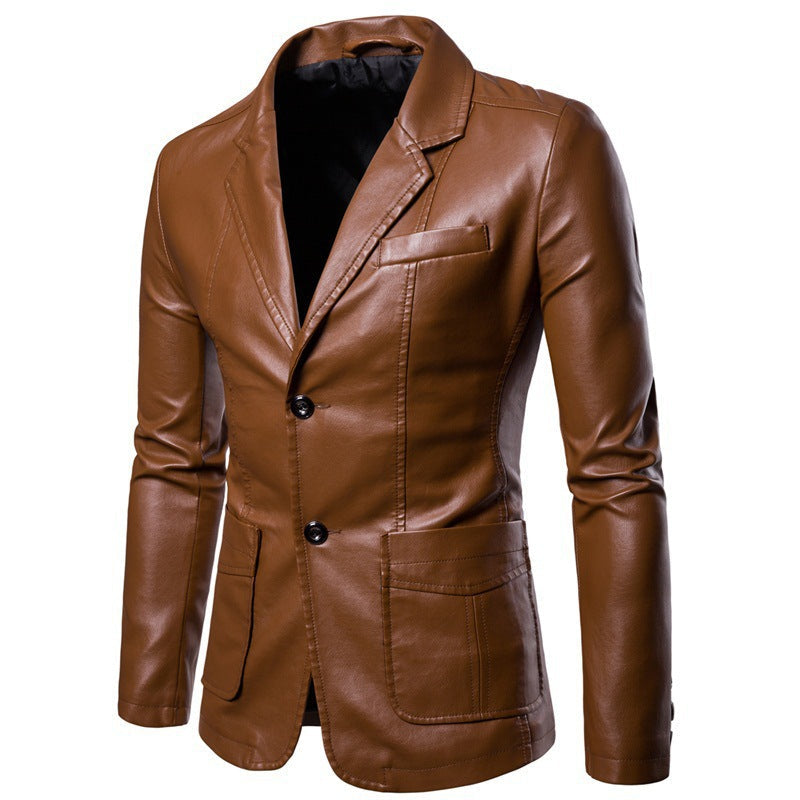 Men’s Slim-Fit PU Leather Lapel Blazer Jacket