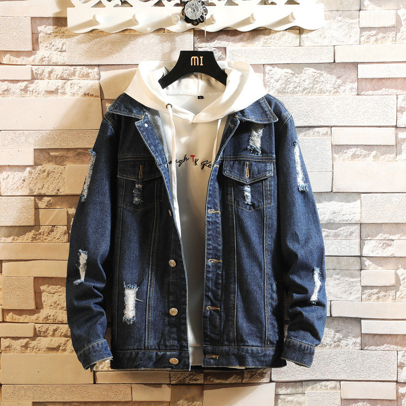 STOCK-Men's Ripped Denim Jacket Korean Style Cool