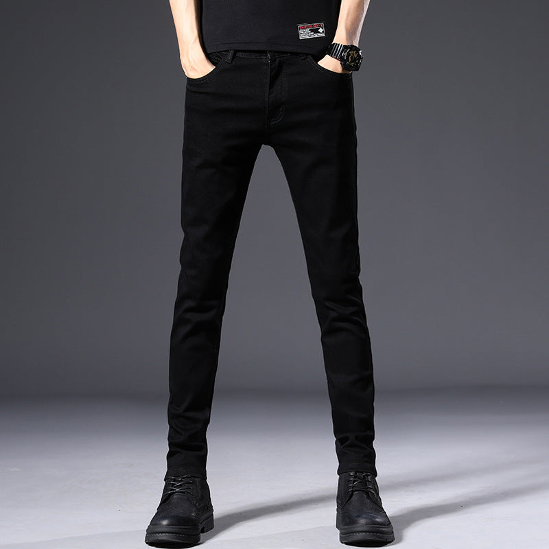 Pure Black Slim-Fit Men’s Jeans – Korean Style Skinny Pants