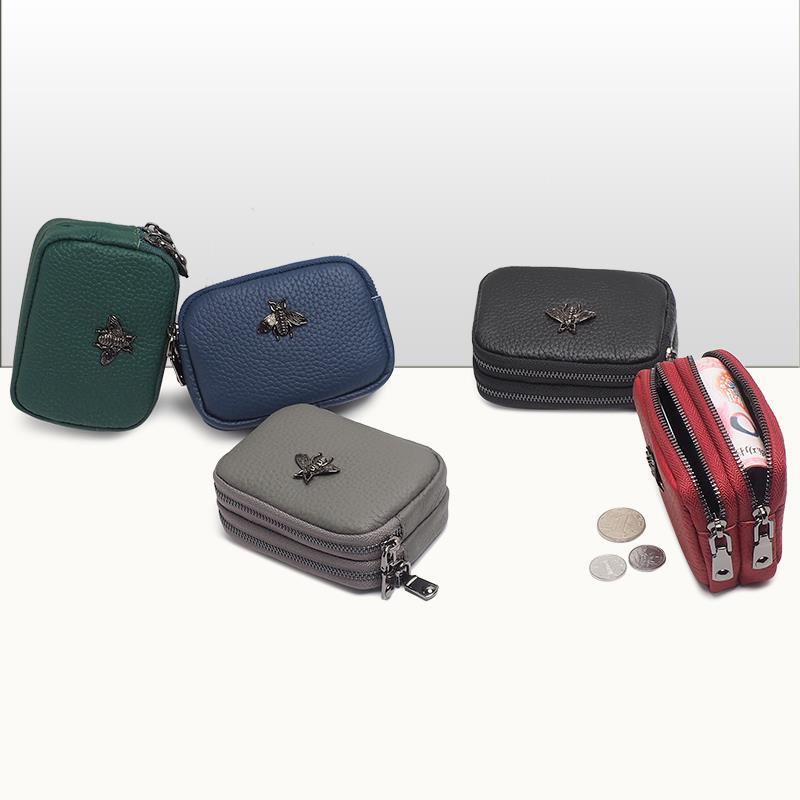Cowhide Double Zipper Coin Purse – Mini Leather Wallet