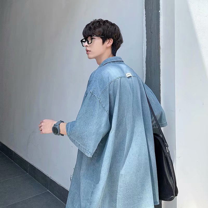 Men’s Denim Short-Sleeve Shirt – Trendy Korean Style Workwear