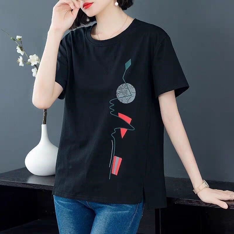 Plus-Size Korean-Style Artistic Printed T-Shirt