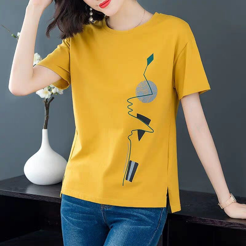 Plus-Size Korean-Style Artistic Printed T-Shirt