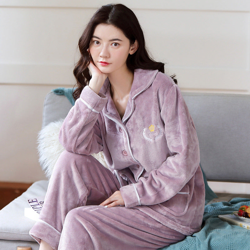 Women’s Coral Fleece Pajamas Autumn Winter Warm Fashion Set