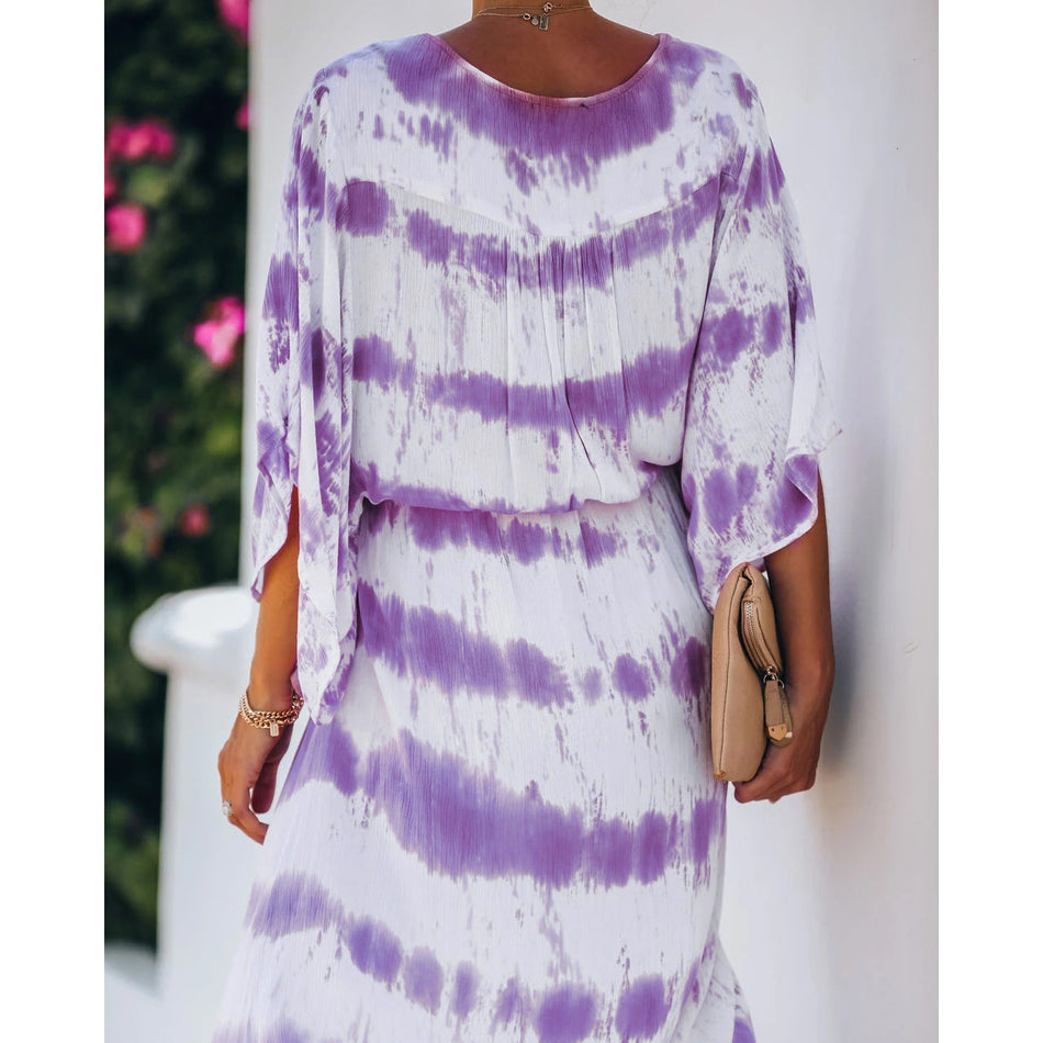 Tie-Dye V-Neck Large Swing Dress – Trendy Backless Home Wear