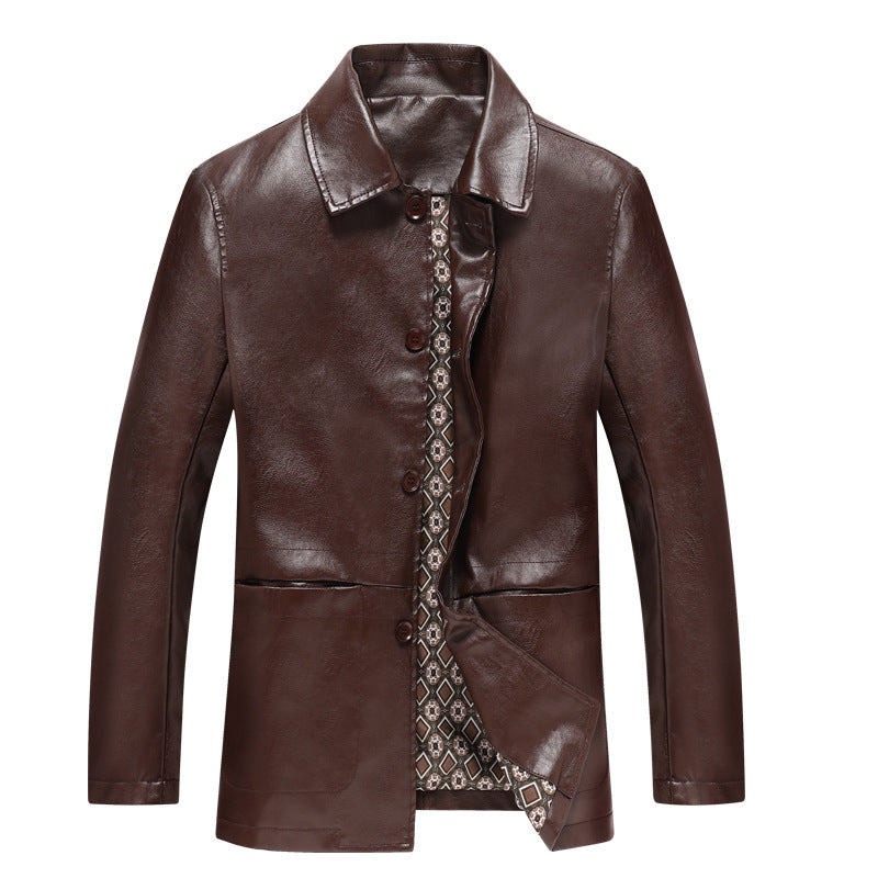 STOCK-Men’s Middle-Aged Large-Size Lapel Leather Jacket