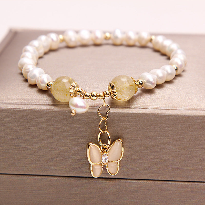 Freshwater Pearl Strawberry Crystal Butterfly Bracelet