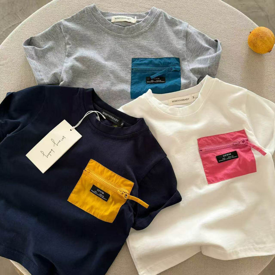 STOCK-Kids Pocket Letter T-Shirt Summer Western Style