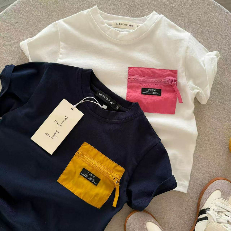 STOCK-Kids Pocket Letter T-Shirt Summer Western Style