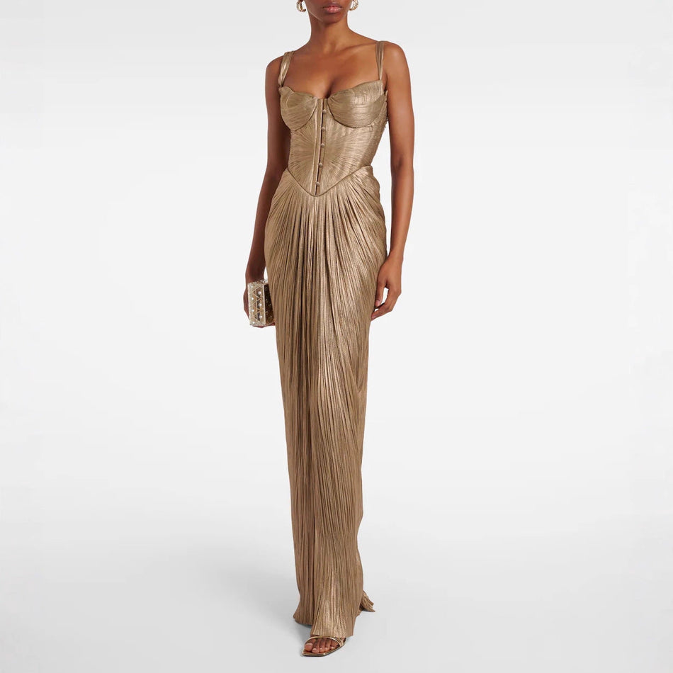 2026 Pleated Gold-Stamped Party Dress - Elegant Lace-Up Slit