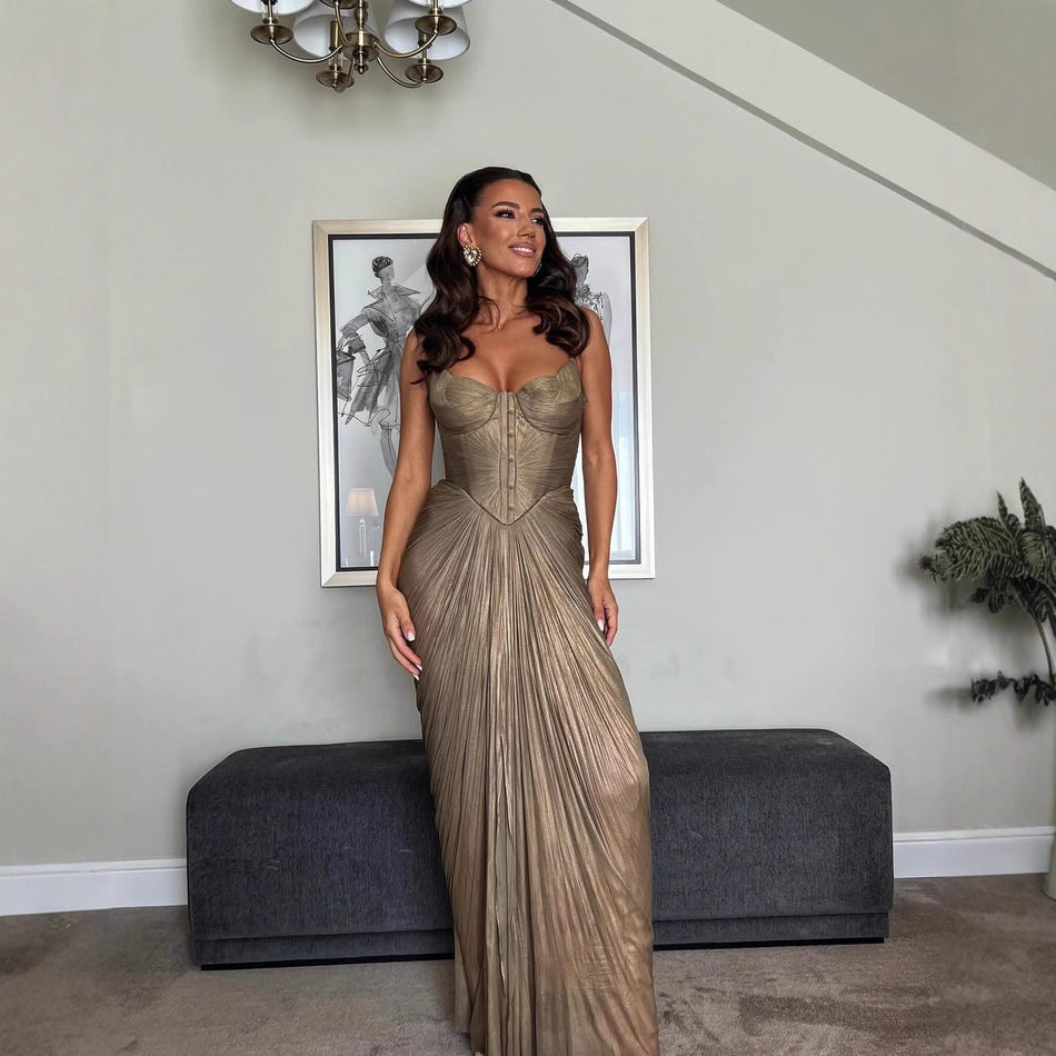 2026 Pleated Gold-Stamped Party Dress - Elegant Lace-Up Slit