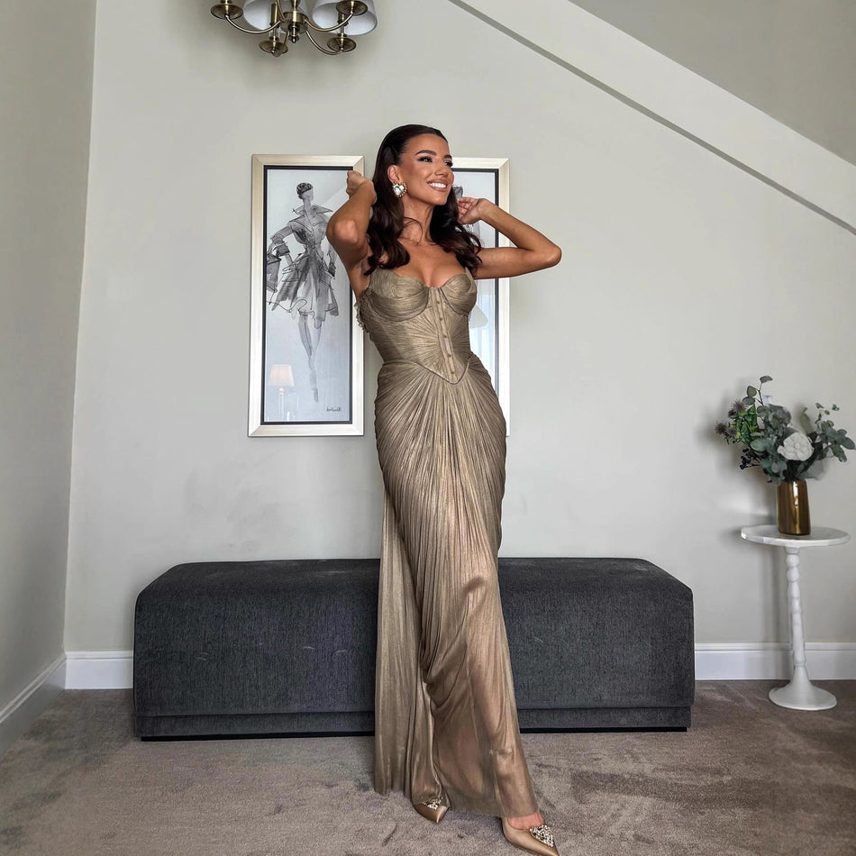 2026 Pleated Gold-Stamped Party Dress - Elegant Lace-Up Slit