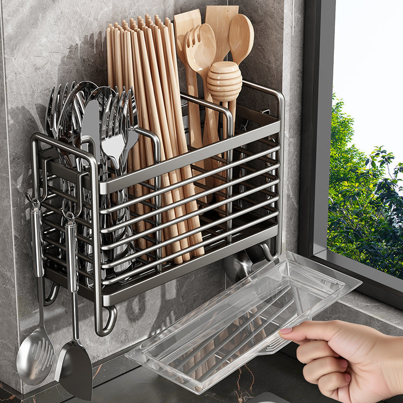 Wall Mounted Chopstick Storage Box Spoon Drain Rack Kitchen