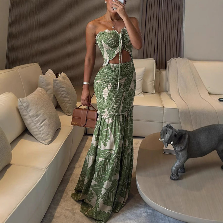 2026 Hanging Neck Printed Pleated Dress - INS Vacation Style