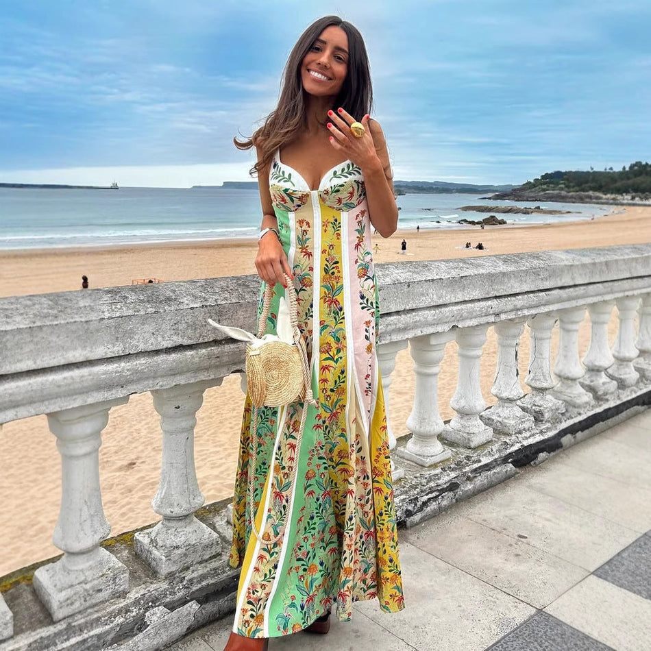 Linen Positioning Print Dress - INS Summer Vacation