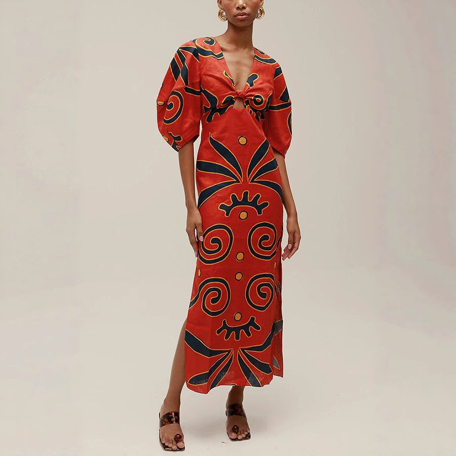 2026 Positioning Print Linen Dress - INS Summer Vacation Style