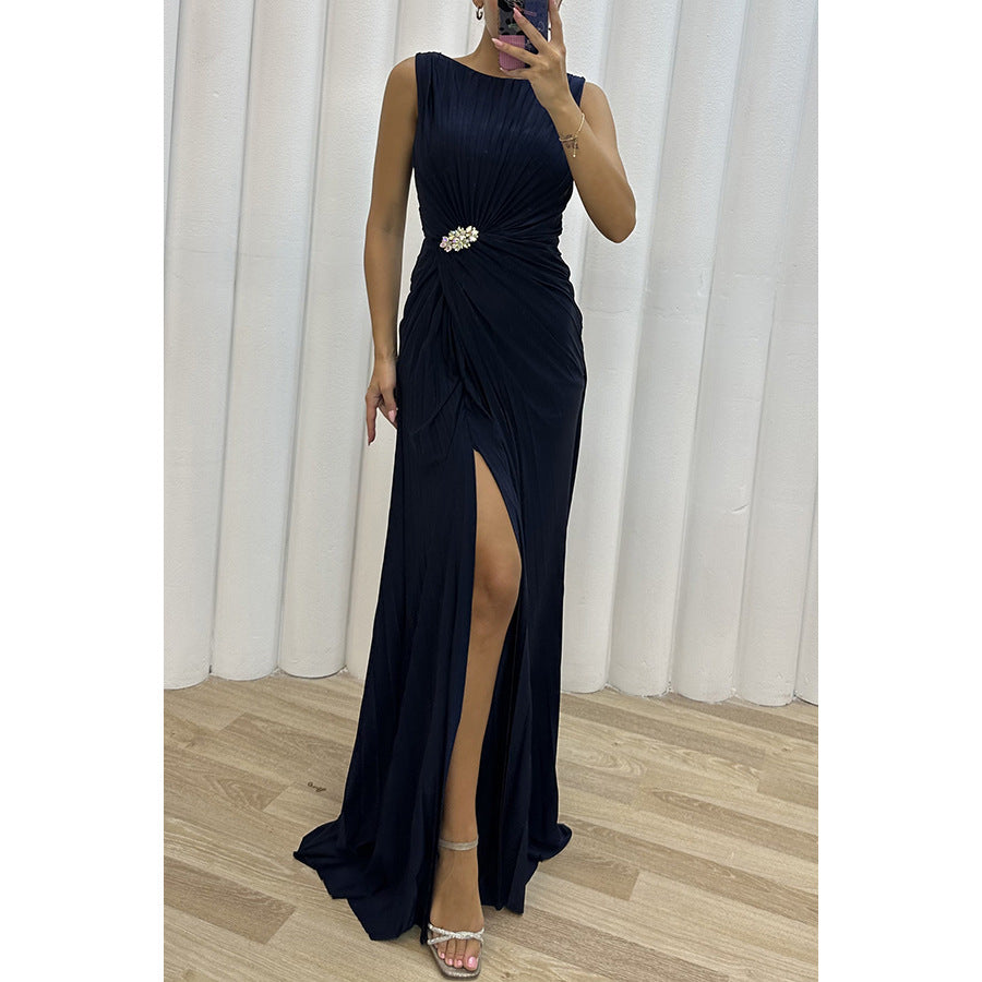 2026 Pleated Split Evening Dress - INS Sleeveless Fashion