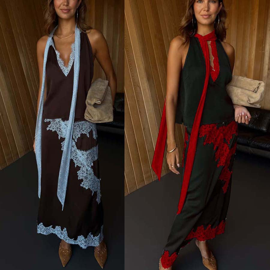 2026 Satin Splicing Sleeveless Suit - INS Casual Two-Piece Skirt