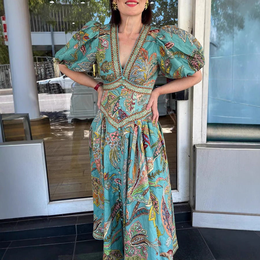 2026 Lantern Sleeve Printed Vacation Dress - INS Leisure Loose
