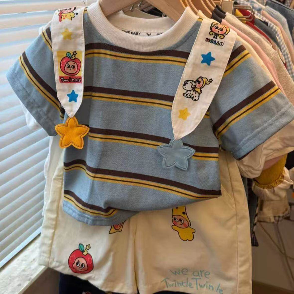 Kids Cartoon Striped Shirt & Shorts Summer Set