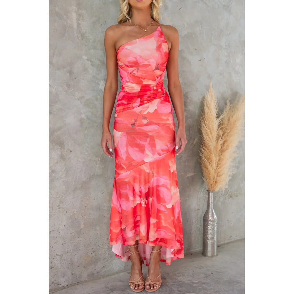 2026 Oblique Shoulder Printed Elastic Dress - INS Leisure & Party