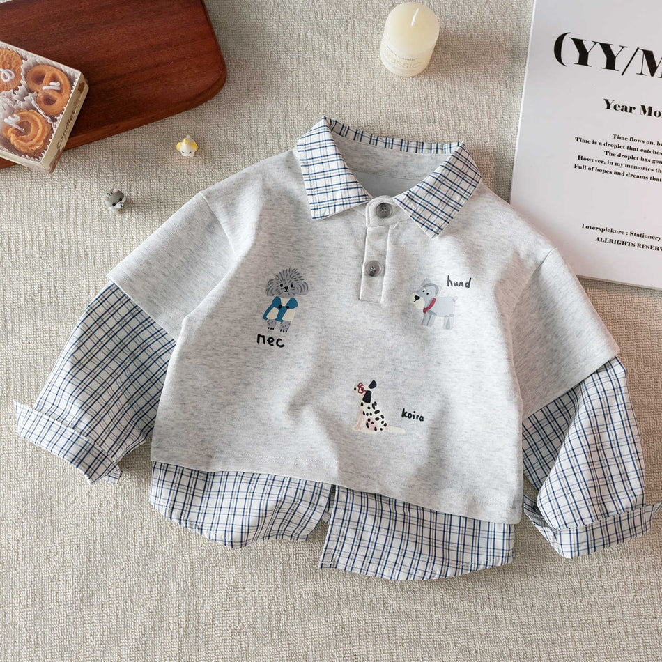Kids Cartoon Fake Two-Piece Long-Sleeve Shirt 2026