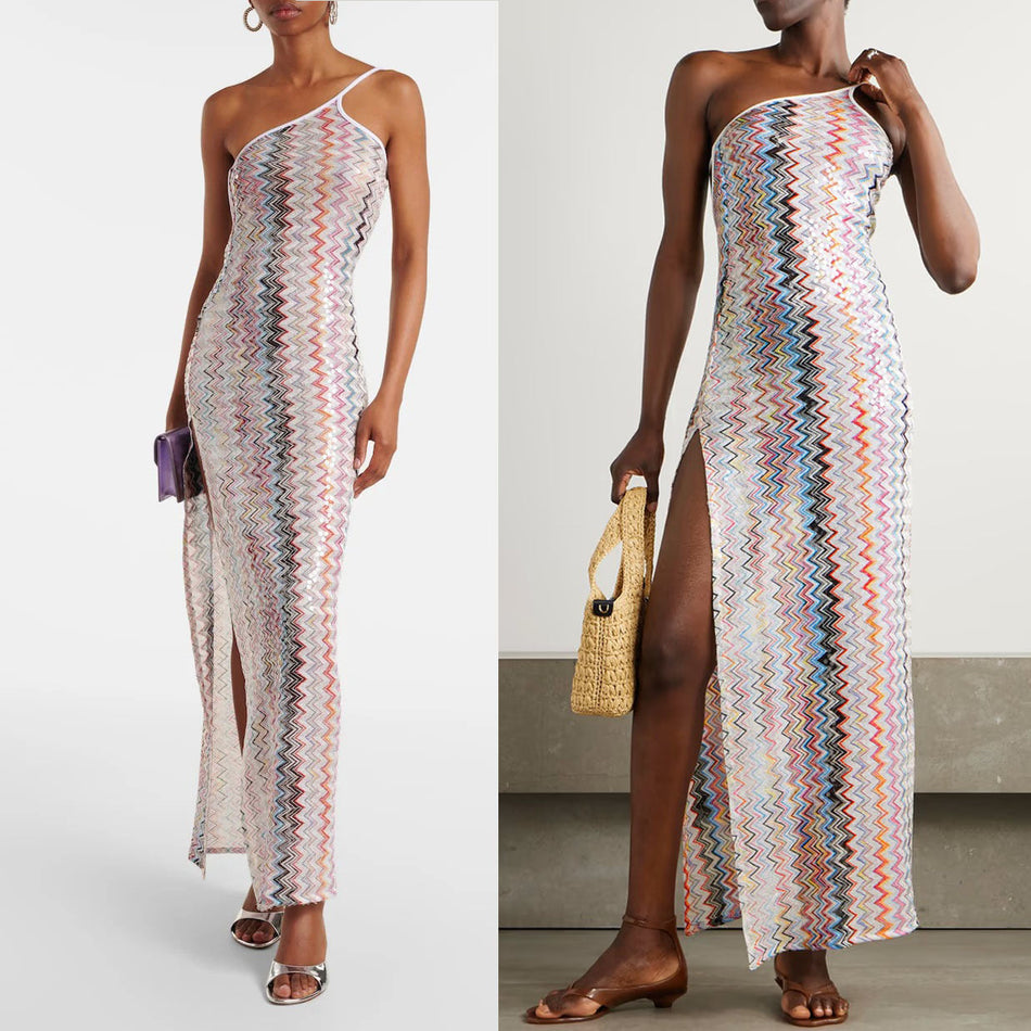 2026 Oblique Shoulder Printed Split Dress - INS Leisure & Party