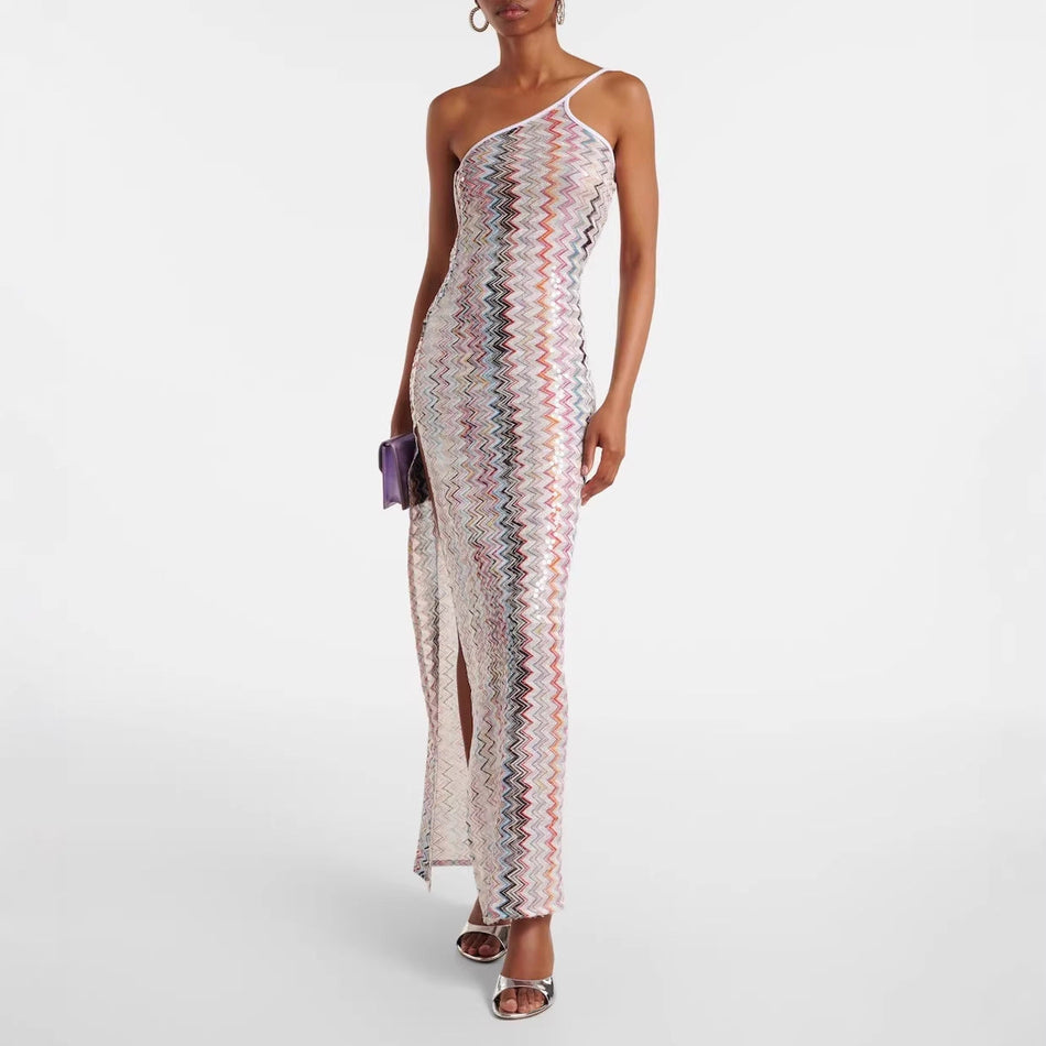 2026 Oblique Shoulder Printed Split Dress - INS Leisure & Party