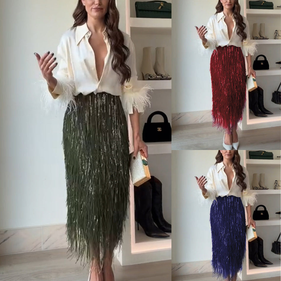 2026 Sequin Tassel Skirt Suit - INS Two-Piece Long-Sleeved Party