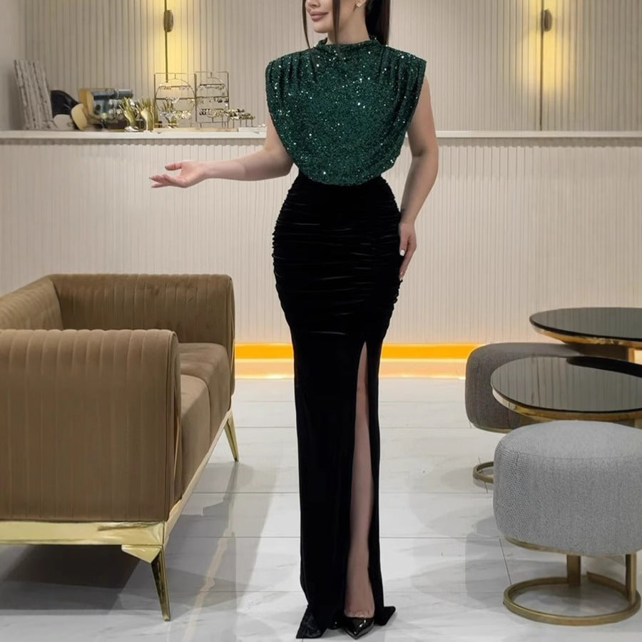 2026 Sequin Stitching Sleeveless Split Dress