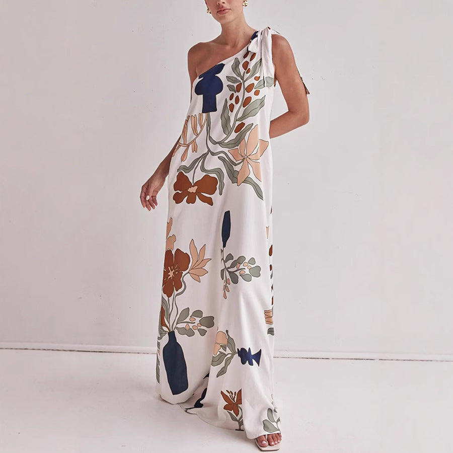 2026 Oblique Shoulder Printed Pocket Dress - INS Leisure Loose