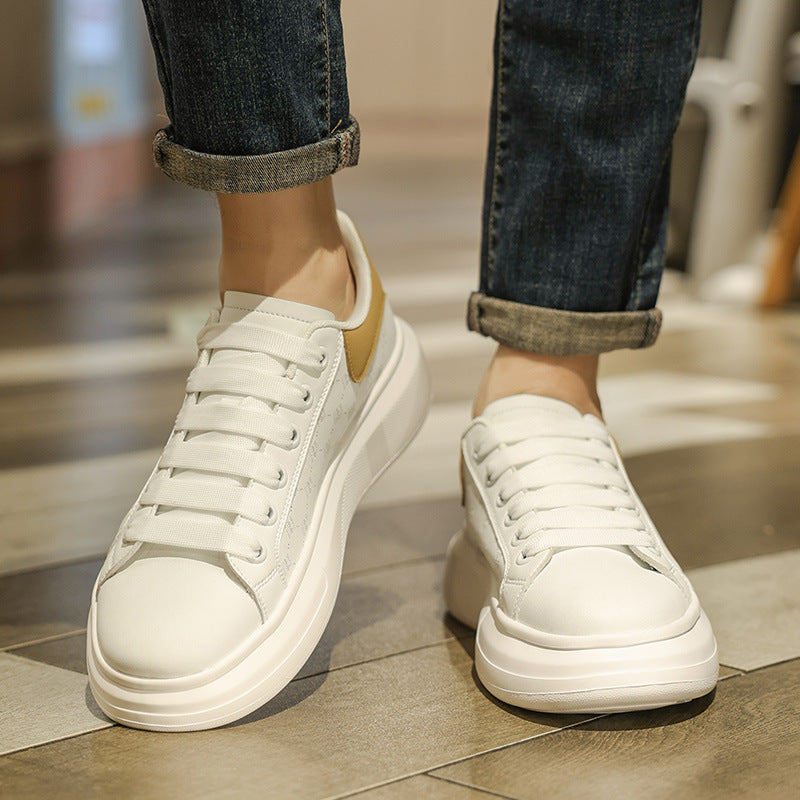 Men’s Leather Low-Top White Thick-Soled Sneakers