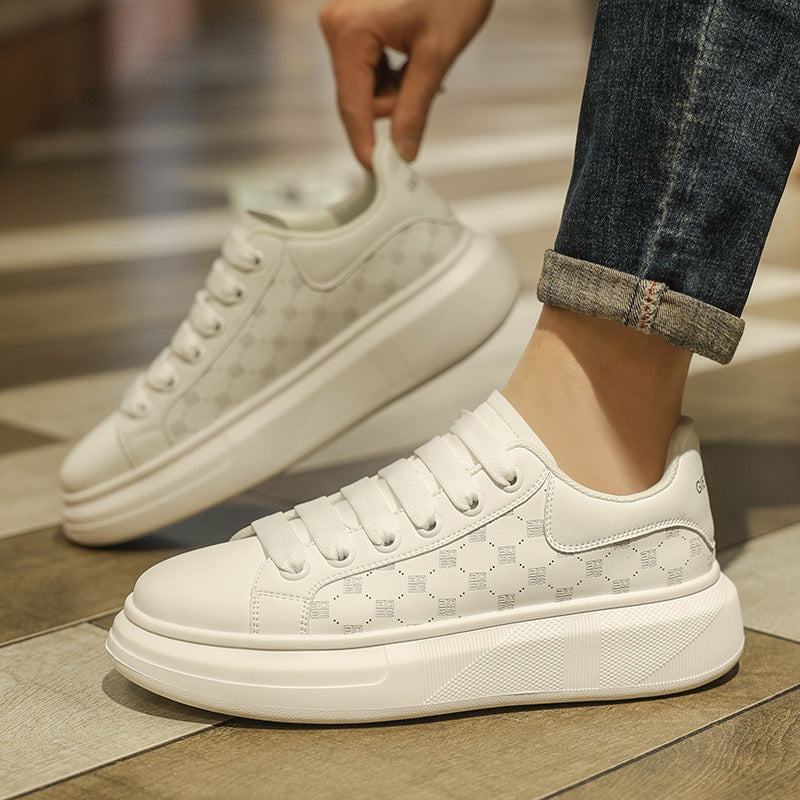 Men’s Leather Low-Top White Thick-Soled Sneakers