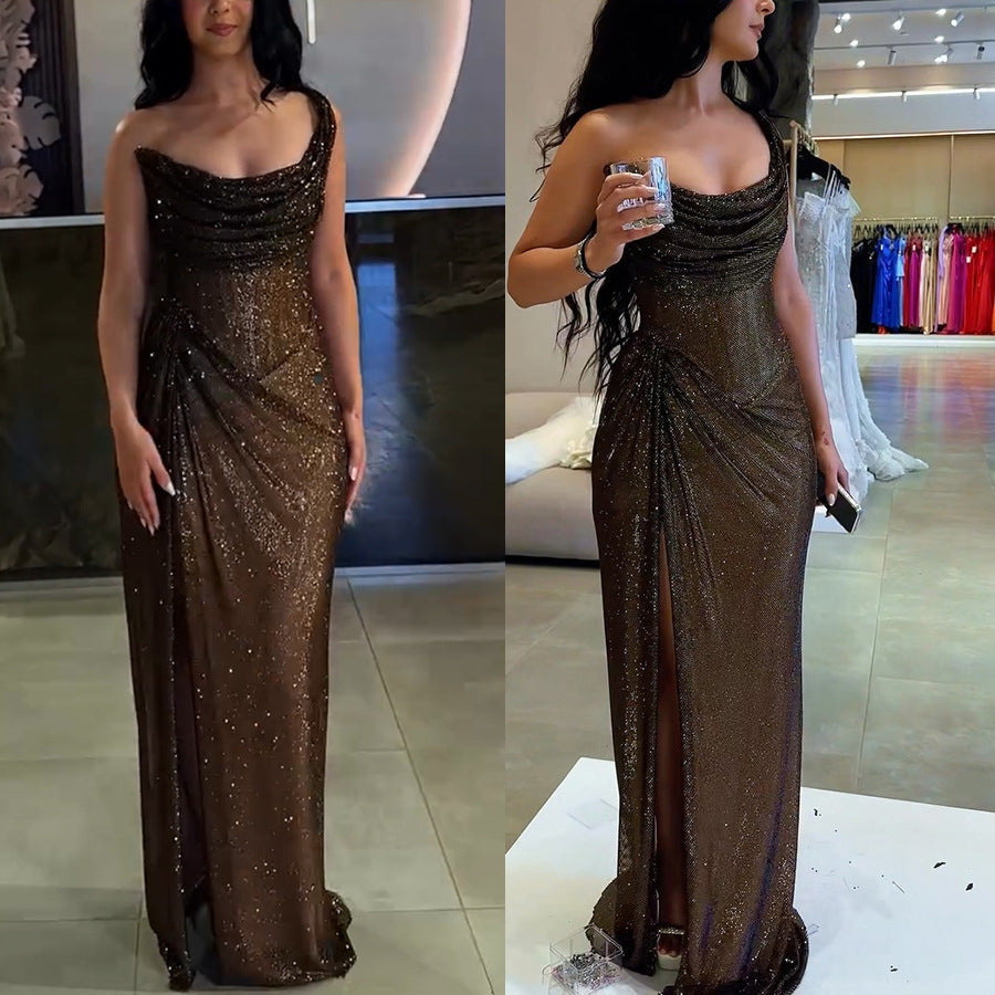 2026 Gold & Silver Silk Split Dress - INS Leisure Gathering Slim